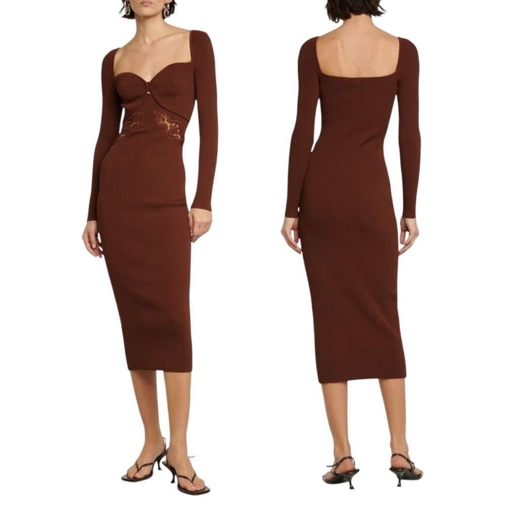 SELF-PORTRAIT Rib Knit Lace Insert‎ Long Sleeve Midi Bodycon Fitted Dress